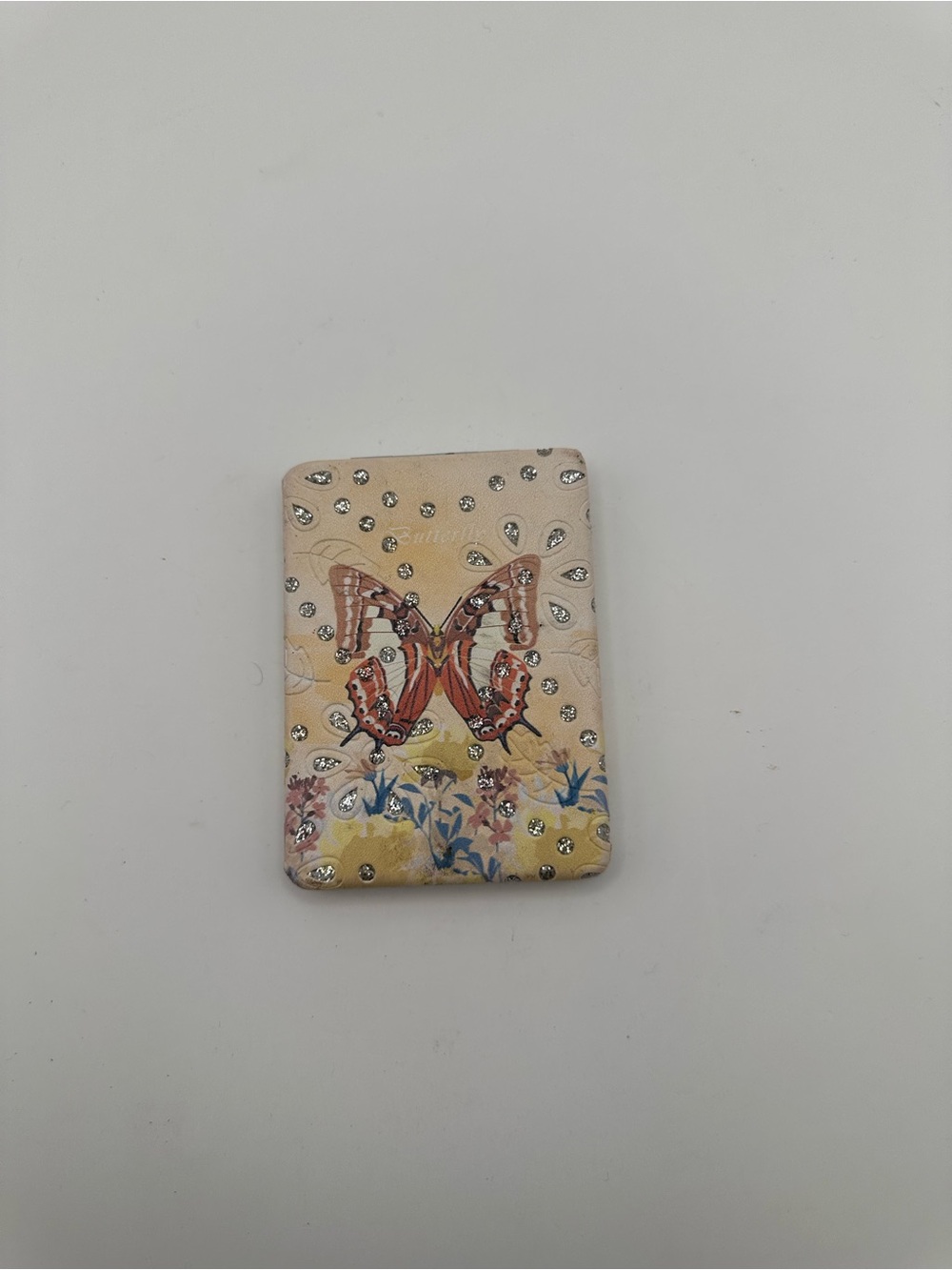 Vintage Butterfly Rhinestone Floral Rectangular Double Mirror Compact 3.5x2.5"